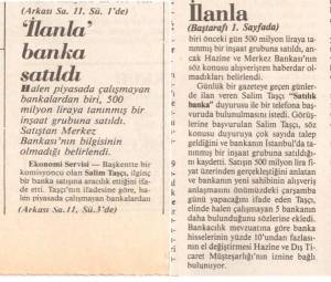 CUMHURİYET İLANLA BANKA SATILDI 29.11.1986