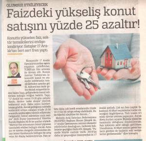 FAİZDEKİ YÜKSELİŞ KONUT SATIŞINI YÜZDE 25 AZALTIR! (TÜRKİYE GAZETESİ 29.01.2014)