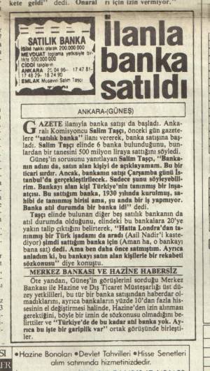 GÜNEŞ İLANLA BANKA SATILDI 29.11.1986
