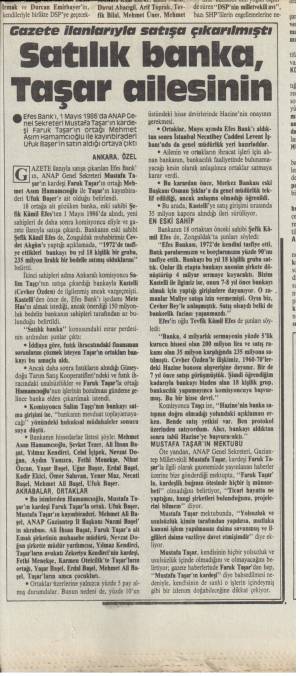 MİLLİYET SATILIK BANKA TAŞAR AİLESİNİN 04.12.1986